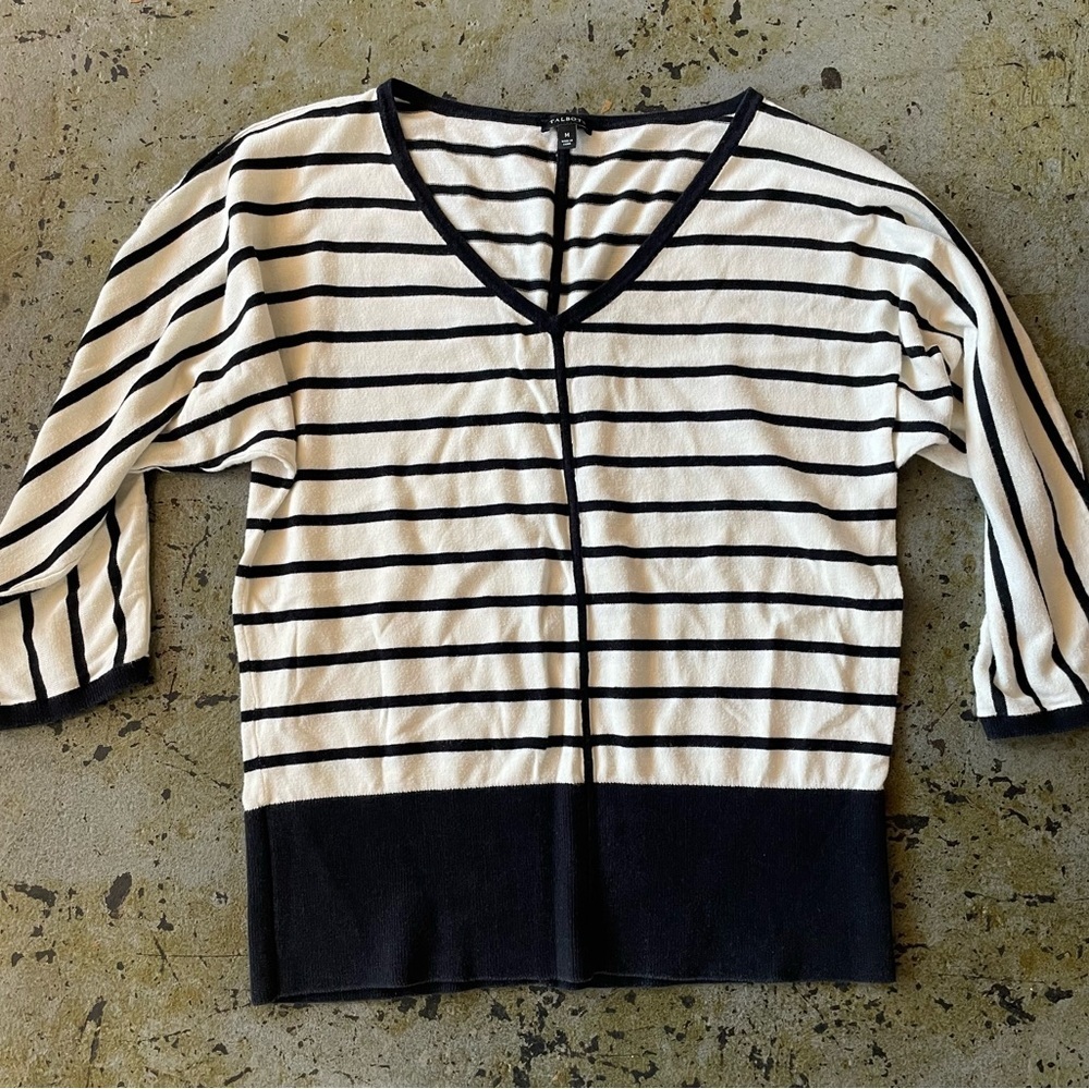 Talbots Black and White Striped V-neck 3/4 Length Dolman Sleeve Size Medium